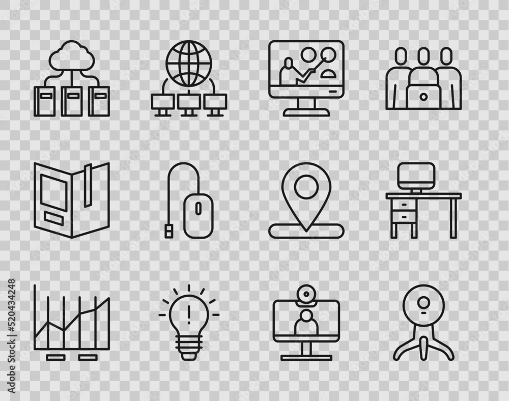Set line Pie chart infographic, Web camera, Online education, Light bulb with concept of idea, Cloud or online library, Computer mouse, Video chat conference and monitor and desk icon. Vector Set line Pie chart infographic, Web camera, Online education, Light bulb with concept of idea, Cloud or online library, Computer mouse, Video chat conference and monitor and desk icon. Vector