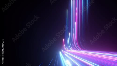 3d animation, abstract black background with pink blue neon lines go up and disappear