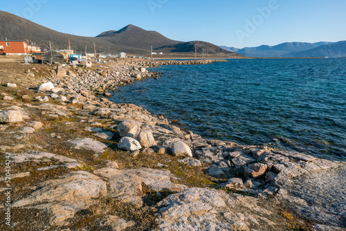 Golden hour in remote Inuit community of Qikiqtarjuaq, Broughton Island, Nunavut, Canada. Settlement in the far north. Arctic community. The north.