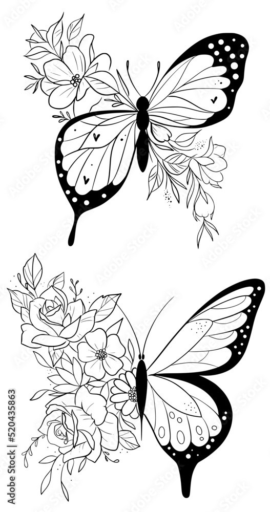 Butterfly with pretty flowers outline vector SVG black and white line art