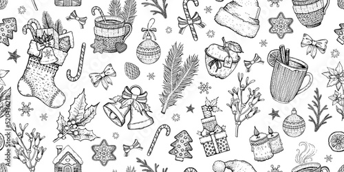 Christmas pattern. Adult coloring book ornament. Sketch with cinnamon spice, mulled wine, gift cookie, holly poinsettia, present. Hand drawn doodle page. Winter icons. Repeat vector Christmas pattern