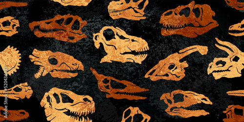 Fossil Dinosaur pattern. Seamless dino vector background. Paleontology print. Fossil pattern of skeleton. Skull footprint. Texture silhouette of prehistoric animals. Dinosaur bone for textile seamless