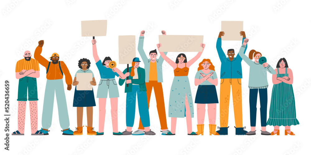 People protest. Shouting into the loudspeaker. Flat design colorful illustration isolated on white.