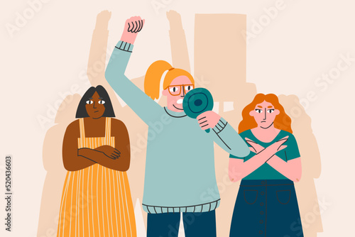 A young woman shouts through megaphones, supporting the protests against the background of discontented people protesting. Flat design colorful illustration isolated on white.