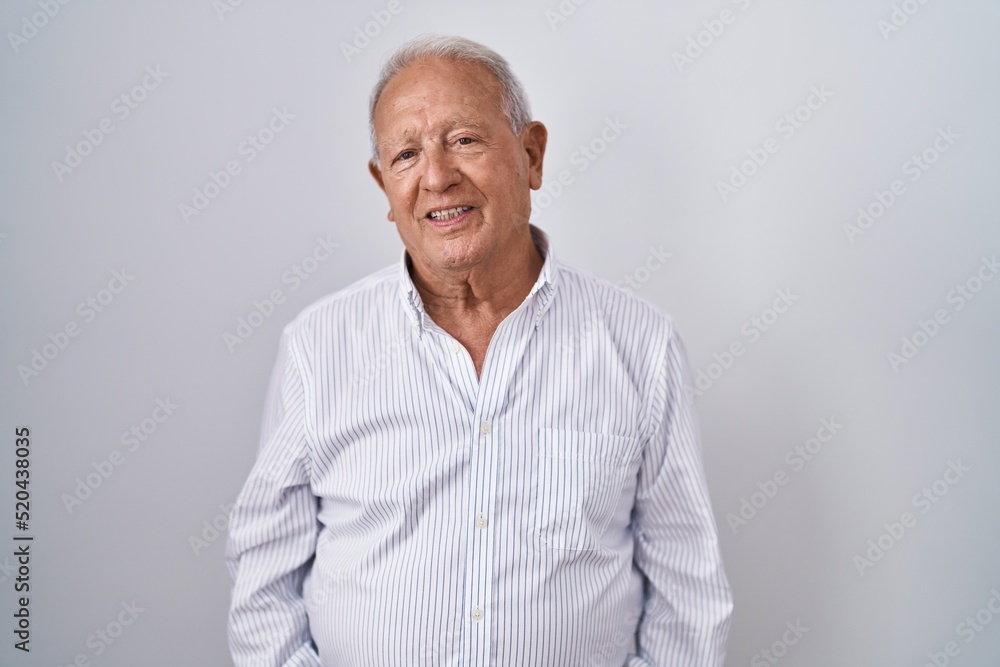 Senior man with grey hair standing over isolated background relaxed with serious expression on face. simple and natural looking at the camera. Senior man with grey hair standing over isolated background relaxed with serious expression on face. simple and natural looking at the camera.
