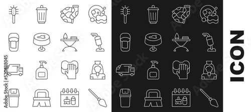 Set line Handle broom, Cleaning lady service, Vacuum cleaner, Socks, Stain on the tablecloth, Bucket with rag, Toilet brush and Iron ironing board icon. Vector