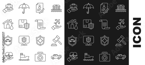 Set line Car, Judge gavel, Plane in hand, Document with shield, Delivery security, House flood, Hand holding briefcase and icon. Vector