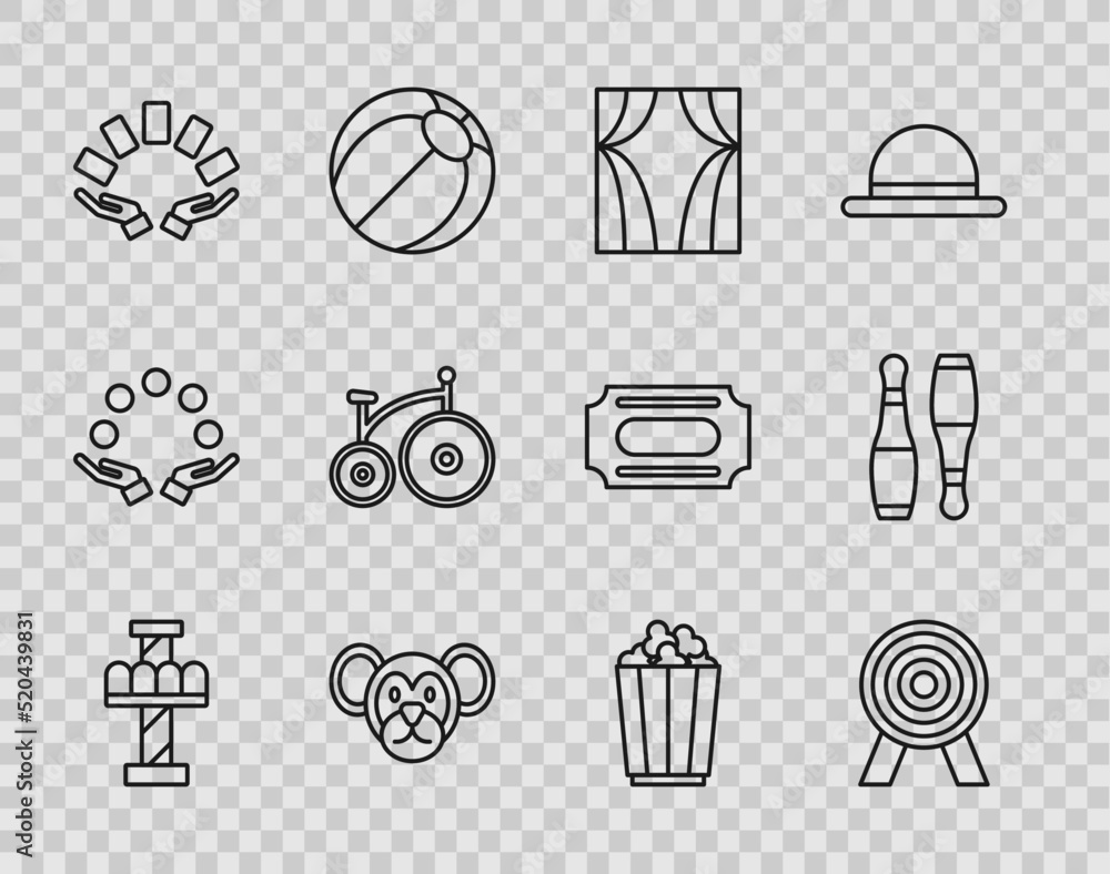 Set line Attraction carousel, Target, Circus curtain raises, Monkey, Hand holding playing cards, Vintage bicycle, Popcorn box and Bowling pin icon. Vector Set line Attraction carousel, Target, Circus curtain raises, Monkey, Hand holding playing cards, Vintage bicycle, Popcorn box and Bowling pin icon. Vector