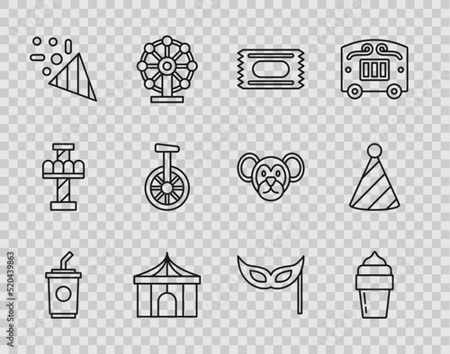 Set line Paper glass with water, Ice cream, Circus ticket, tent, Festive confetti, Unicycle or one wheel bicycle, mask and Party hat icon. Vector