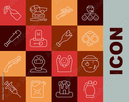 Set line Hand grenade, Bandit, Handcuffs, Sniper rifle with scope, Grave tombstone, Baseball bat nails, Cocktail molotov and Broken bottle weapon icon. Vector