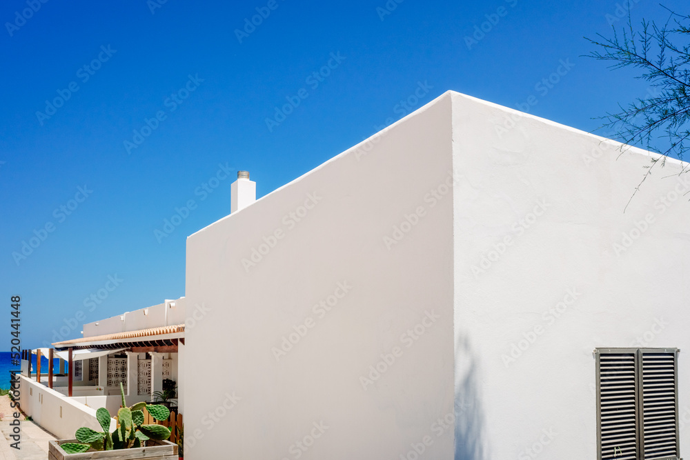 Ibizan house with sea views and the traditional whitewashed wall.