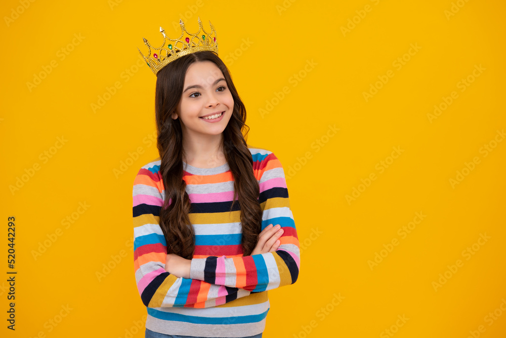 Beauty teen girl queen wear crown. Child in princess diadem. Happy teenager, positive and smiling emotions of teen girl. Beauty teen girl queen wear crown. Child in princess diadem. Happy teenager, positive and smiling emotions of teen girl.