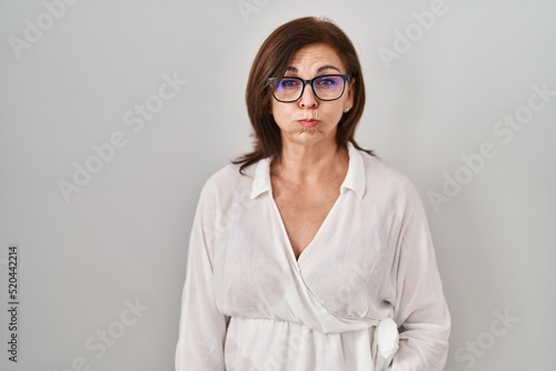 Middle age hispanic woman standing over isolated background puffing cheeks with funny face. mouth inflated with air, crazy expression.