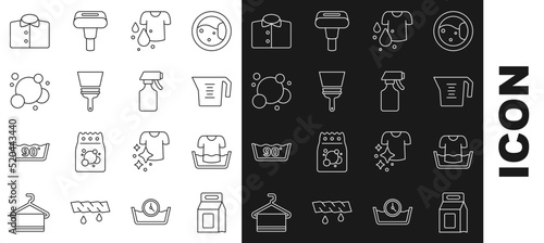 Set line Laundry detergent, Basin with shirt, Measuring cup, Dirty t-shirt, Rubber cleaner for windows, Soap water bubbles, T-shirt and Water spray bottle icon. Vector