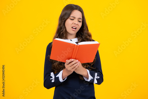 Angry teenager girl, upset and unhappy negative emotion. Teenager school girl study with books. Learning knowledge and kids education concept.