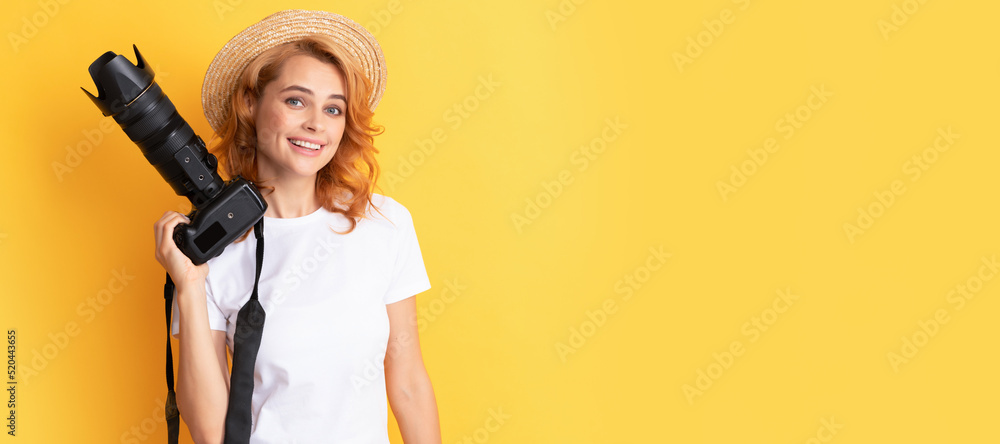 cheerful redhead woman photographer with camera in straw hat making photo, cameraman. Woman isolated face portrait, banner with mock up copy space. cheerful redhead woman photographer with camera in straw hat making photo, cameraman. Woman isolated face portrait, banner with mock up copy space.
