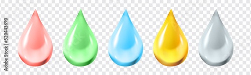 Water drop vector set. Shiny 3d transparent isolated droplet icons in different color