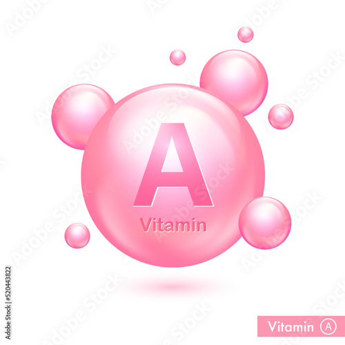 Vitamin A shining icon. Medical ascorbic acid bubbles. Shining pink substance drop. Nutrition skin care. Beauty and health theme. Vector illustration