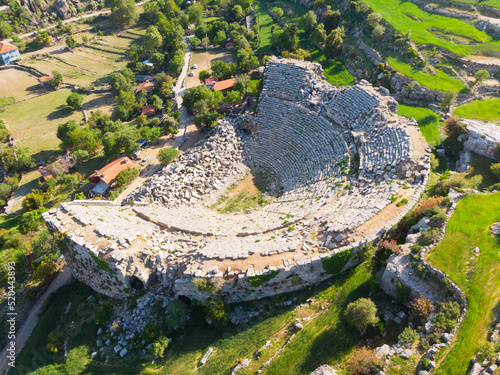 Drone photo of remains of Altinkaya Amphitheater. Roman theatre of Selge, Antalya Province, Turkey. photo