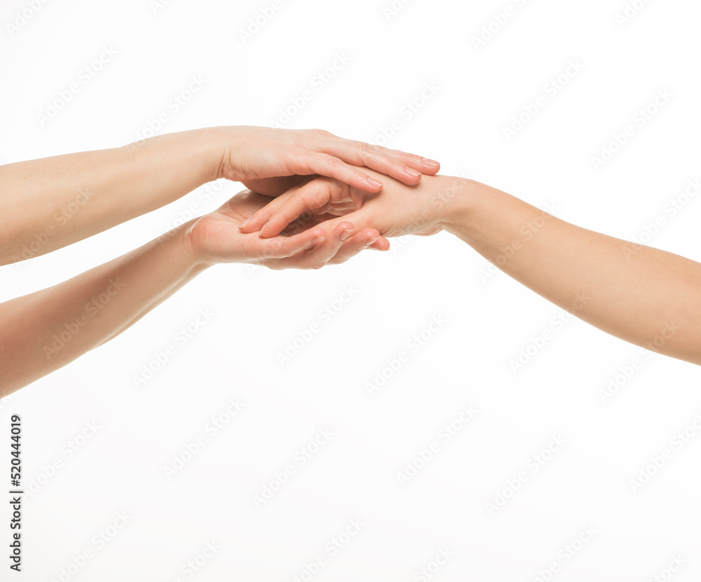 hands doing hand massage on white background isolated