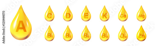 Set of Multi Vitamin complex icons. Multivitamin supplement. Vitamin A, B group B1, B2, B6, B12, C, D, D3, E, K, Mg, Ca, Omega. Essential vitamin complex. Healthy life concept