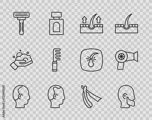 Set line Baldness, Mustache and beard, Human hair follicle, Shaving razor, Hairbrush, Straight and dryer icon. Vector