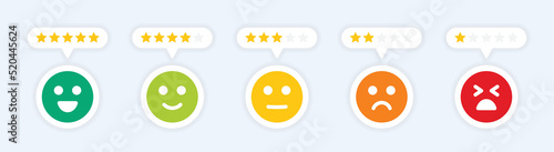Satisfaction survey with emoticon giving good and bad feedback with stars ratings. Vector icon banner illustration.