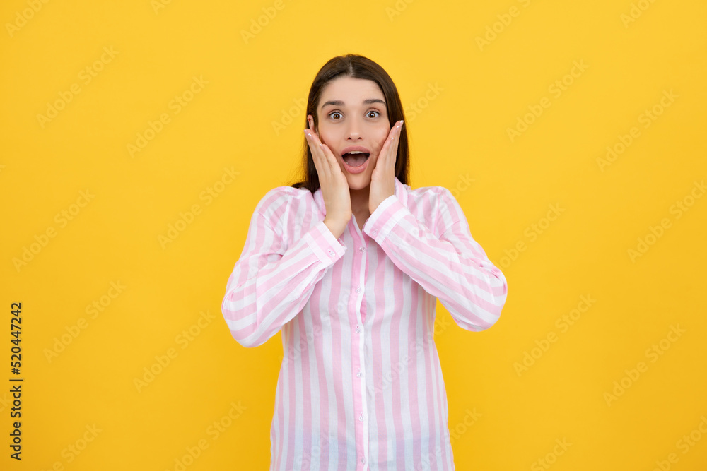 Surprised astonished young woman with open mouth. Portrait of excited amazed gasping girl. Expressive facial expressions. Excited female face. Surprised astonished young woman with open mouth. Portrait of excited amazed gasping girl. Expressive facial expressions. Excited female face.
