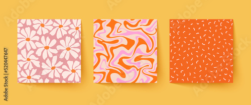 Set of cool groovy abstract backgrounds. Trendy Y2k backdrops. Vector hand drawn funky patterns.