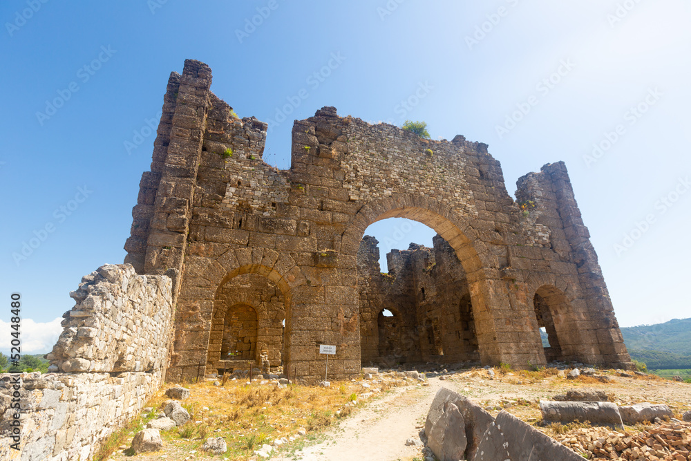 Ruins of bysanitine basilica atop Aspendos Hill. Aspendos, Serik
