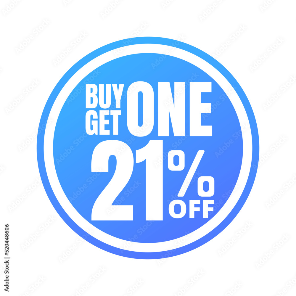 21% off, buy get one, online super discount blue button. Vector illustration, icon Twenty one 21% off, buy get one, online super discount blue button. Vector illustration, icon Twenty one