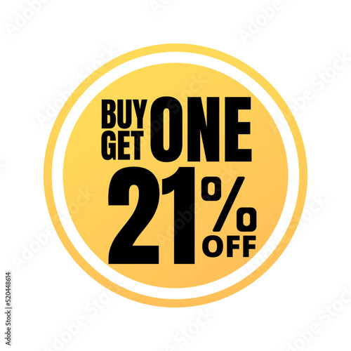 21% off, buy get one, online super discount yellow promotion button. Vector illustration, icon Twenty one
