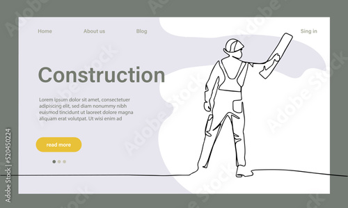 Vector landing page of architecture works with protective face masks for safety in machine industrial factory. Continuous one line drawing for your minimal design