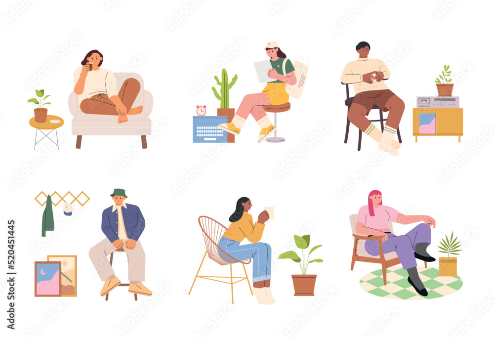 People of different styles are sitting and resting on chairs of different styles. There are interior accessories all around. flat design style vector illustration.