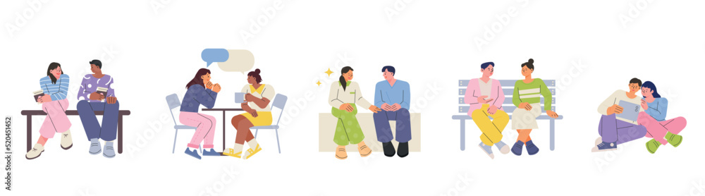 Two people are sitting together and talking. A collection of different sitting postures. flat design style vector illustration.