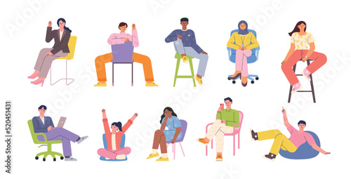 A collection of different people, different chairs, different poses. flat design style vector illustration.