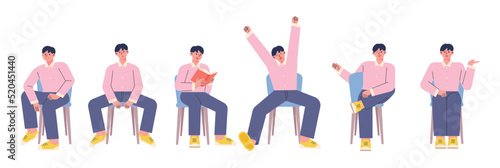 Various postures of a man sitting on a chair. flat design style vector illustration.