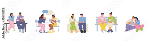 Two people are sitting together and talking. A collection of different sitting postures. flat design style vector illustration.