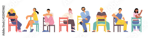 Different styles of people sitting on chairs in different postures. flat design style vector illustration.