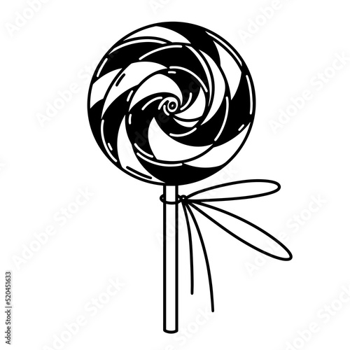 Lollipop vector icon. Sweet striped candy on a stick. Black outline isolated on white background. Tasty dessert made from sugar, caramel. Hand drawn doodle for decoration, web design, logo, apps