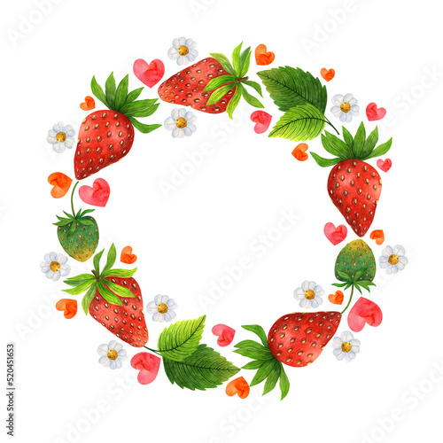 Strawberry wreath watercolor illustration. Summer berry  leaves  flowers  hearts. Hand drawn garland isolated on white background. Bright frame for decoration  card design  invitations