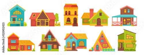 House front flat cartoon set. Various facade village or urban, small and tiny houses. Colorful modern or vintage cozy buildings. Residential homestead, cottage or villa facades apartment vector