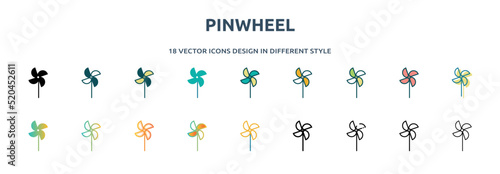 pinwheel icon in 18 different styles such as thin line, thick line, two color, glyph, colorful, lineal color, detailed, stroke and gradient. set of pinwheel vector for web, mobile, ui