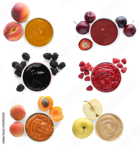 Set with different tasty fruit puree on white background, top view photo