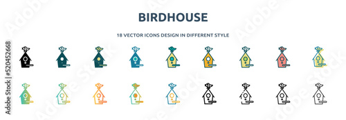 birdhouse icon in 18 different styles such as thin line, thick line, two color, glyph, colorful, lineal color, detailed, stroke and gradient. set of birdhouse vector for web, mobile, ui