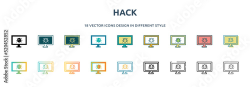 Tela hack icon in 18 different styles such as thin line, thick line, two color, glyph, colorful, lineal color, detailed, stroke and gradient