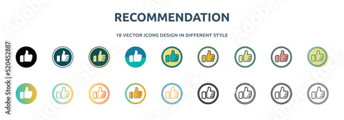 recommendation icon in 18 different styles such as thin line, thick line, two color, glyph, colorful, lineal color, detailed, stroke and gradient. set of recommendation vector for web, mobile, ui