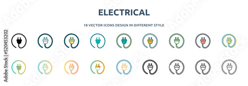 electrical icon in 18 different styles such as thin line, thick line, two color, glyph, colorful, lineal color, detailed, stroke and gradient. set of electrical vector for web, mobile, ui