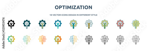 optimization icon in 18 different styles such as thin line, thick line, two color, glyph, colorful, lineal color, detailed, stroke and gradient. set of optimization vector for web, mobile, ui
