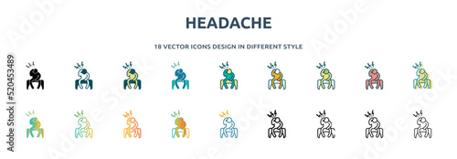 headache icon in 18 different styles such as thin line, thick line, two color, glyph, colorful, lineal color, detailed, stroke and gradient. set of headache vector for web, mobile, ui